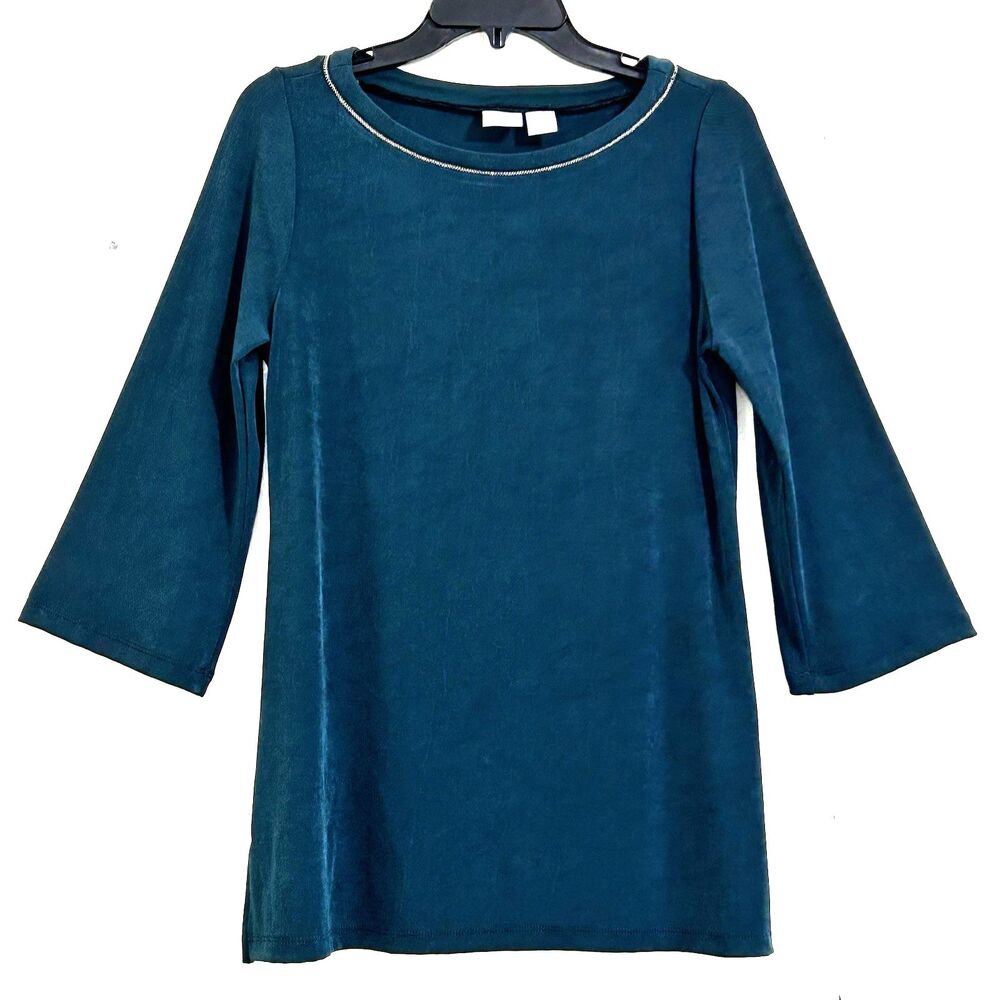 Chico's Travelers Blouse Size 6 Dark Green Top 3/4 Sleeves Chain Trim Neckline